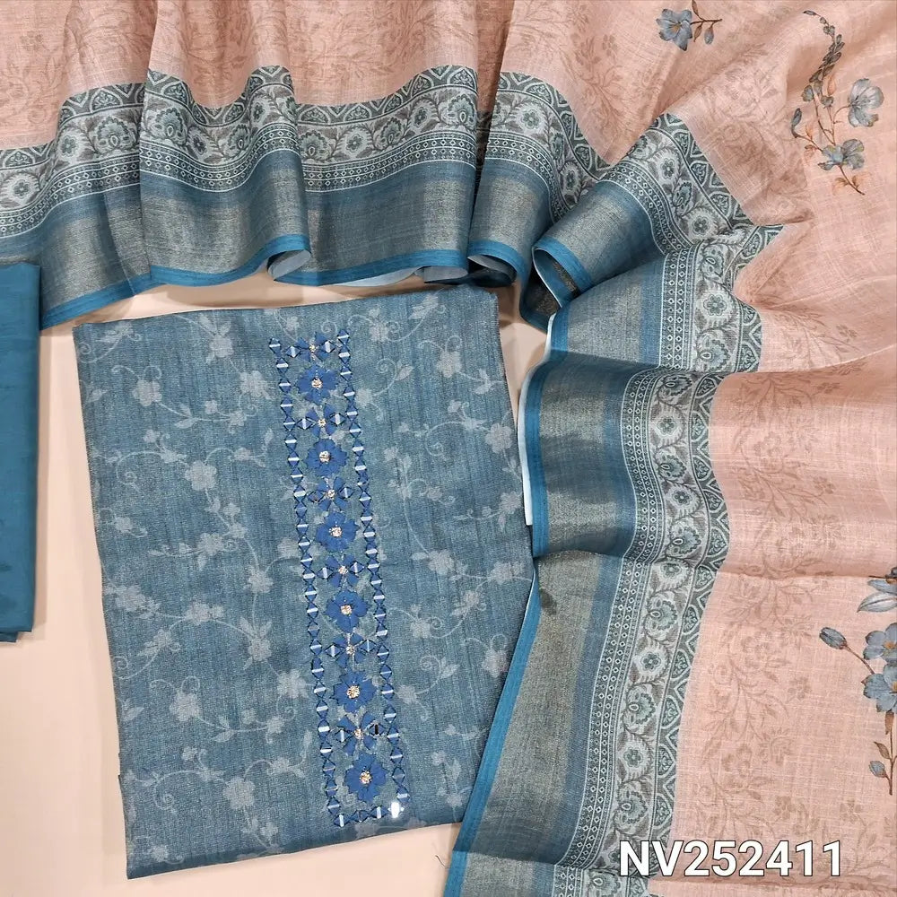 Blue with gold tint printed fancy tissue silk cotton unstitched salwar material, real mirror and thread work on yoke (Lining Needed) Matching Silky Bottom, Tissue Silk Cotton printed Dupatta. NV252411