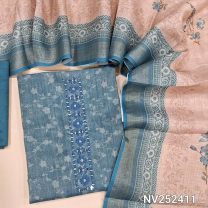 Blue with gold tint printed fancy tissue silk cotton unstitched salwar material, real mirror and thread work on yoke (Lining Needed) Matching Silky Bottom, Tissue Silk Cotton printed Dupatta. NV252411