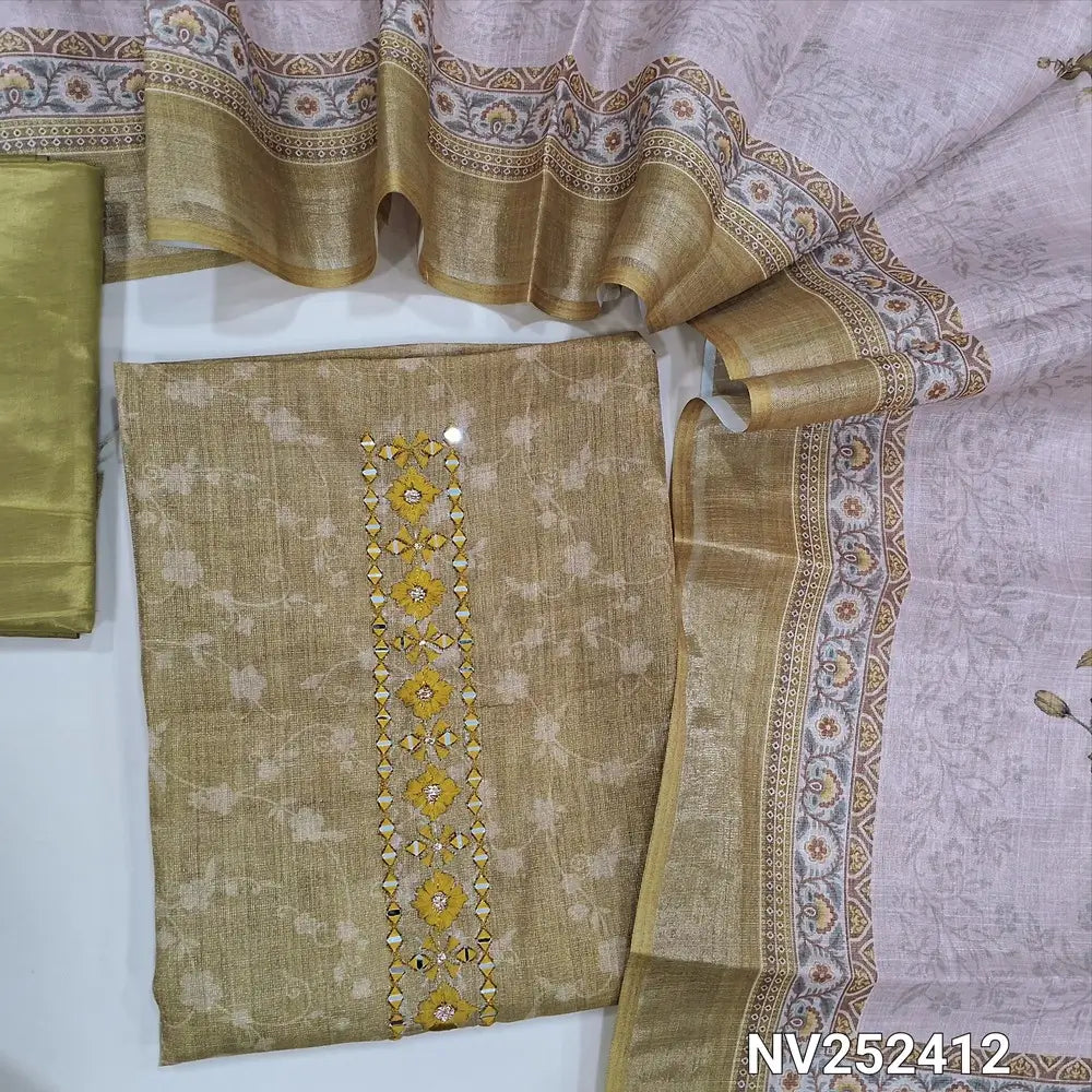 Mehandi Yellow with gold tint printed fancy tissue silk cotton unstitched salwar material, real mirror and thread work on yoke (Lining Needed) Matching Silky Bottom, Tissue Silk Cotton printed Dupatta. NV252412
