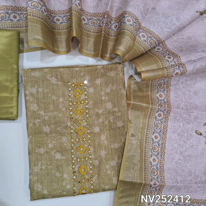 Mehandi Yellow with gold tint printed fancy tissue silk cotton unstitched salwar material, real mirror and thread work on yoke (Lining Needed) Matching Silky Bottom, Tissue Silk Cotton printed Dupatta. NV252412