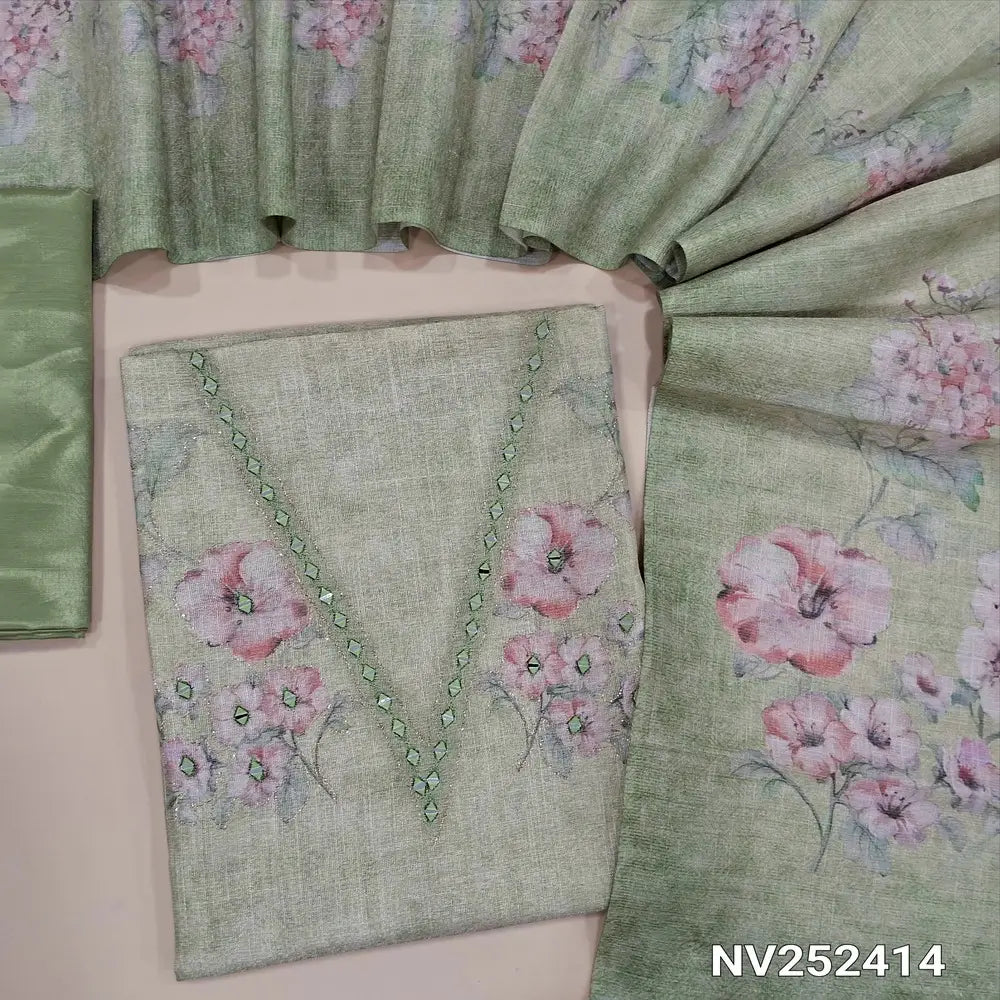 Light green with golden tint tissue silk cotton unstitched salwar material,real mirror and embroidery work on yoke (thin, Lining Needed) abstract prints all over, matching silky bottm, floral printed tissue silk cotton dupatta. NV252415