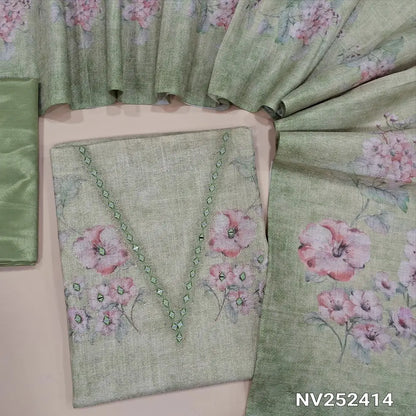 Light green with golden tint tissue silk cotton unstitched salwar material,real mirror and embroidery work on yoke (thin, Lining Needed) abstract prints all over, matching silky bottm, floral printed tissue silk cotton dupatta. NV252415