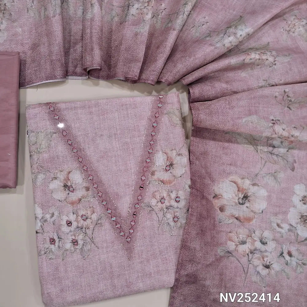 Pastel pink with golden tint tissue silk cotton unstitched salwar material,real mirror and embroidery work on yoke (thin, Lining Needed) abstract prints all over, matching silky bottm, floral printed tissue silk cotton dupatta. NV252414
