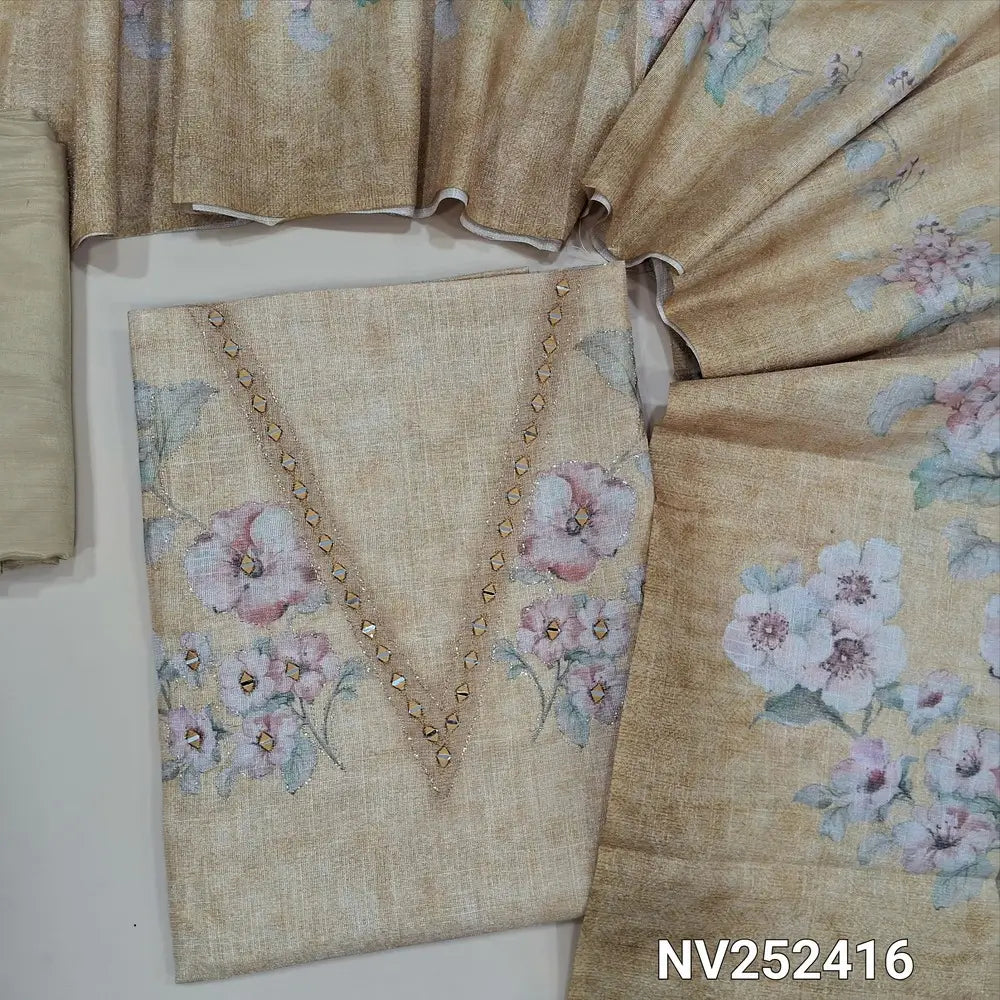 Rich beige with golden tint tissue silk cotton unstitched salwar material,real mirror and embroidery work on yoke (thin, Lining Needed) abstract prints all over, matching silky bottm, floral printed tissue silk cotton dupatta. NV252416