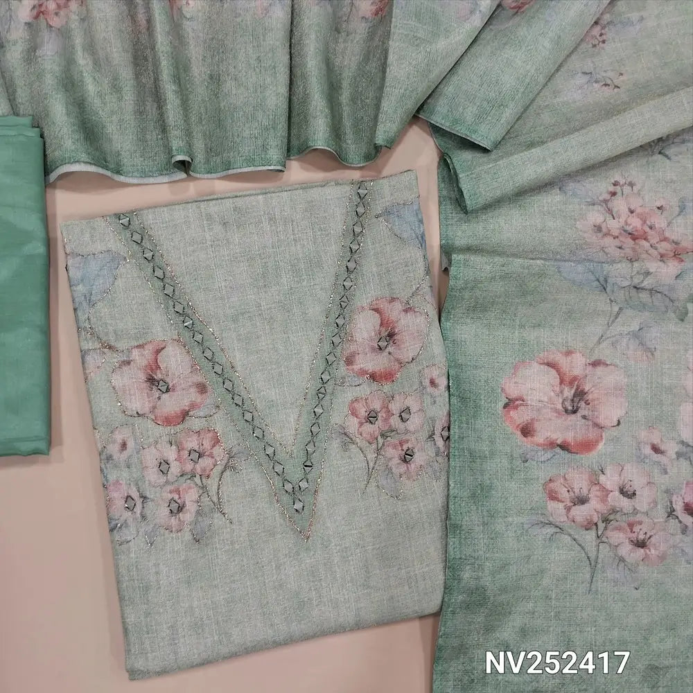Pastel blue with golden tint tissue silk cotton unstitched salwar material,real mirror and embroidery work on yoke (thin, Lining Needed) abstract prints all over, matching silky bottm, floral printed tissue silk cotton dupatta. NV252417