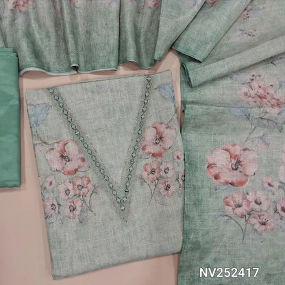 Pastel blue with golden tint tissue silk cotton unstitched salwar material,real mirror and embroidery work on yoke (thin, Lining Needed) abstract prints all over, matching silky bottm, floral printed tissue silk cotton dupatta. NV252417