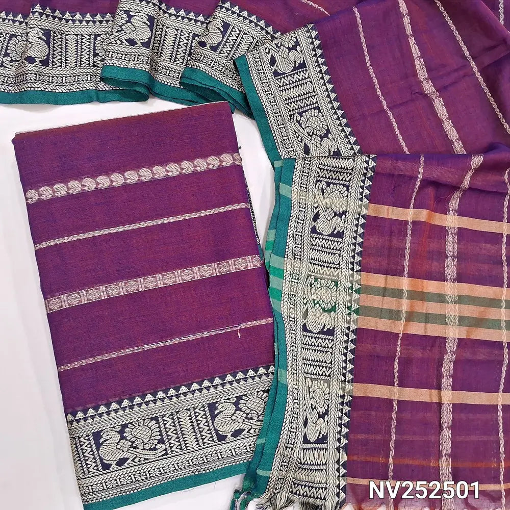 Dual Shaded Purple mercerised handloom cotton unstitched salwar material, thread weaving all over, double side borders (Thin, Lining Needed) Fabric Measurement : 4.5 Metres, Full length dupatta. Note : Weaving Inconsistencies are not defects. NV252501
