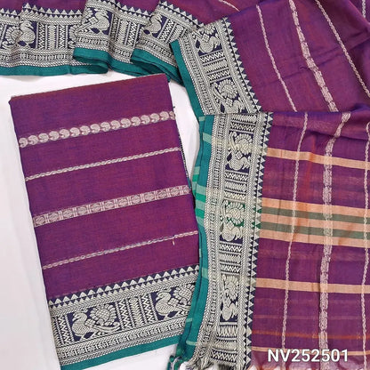 Dual Shaded Purple mercerised handloom cotton unstitched salwar material, thread weaving all over, double side borders (Thin, Lining Needed) Fabric Measurement : 4.5 Metres, Full length dupatta. Note : Weaving Inconsistencies are not defects. NV252501
