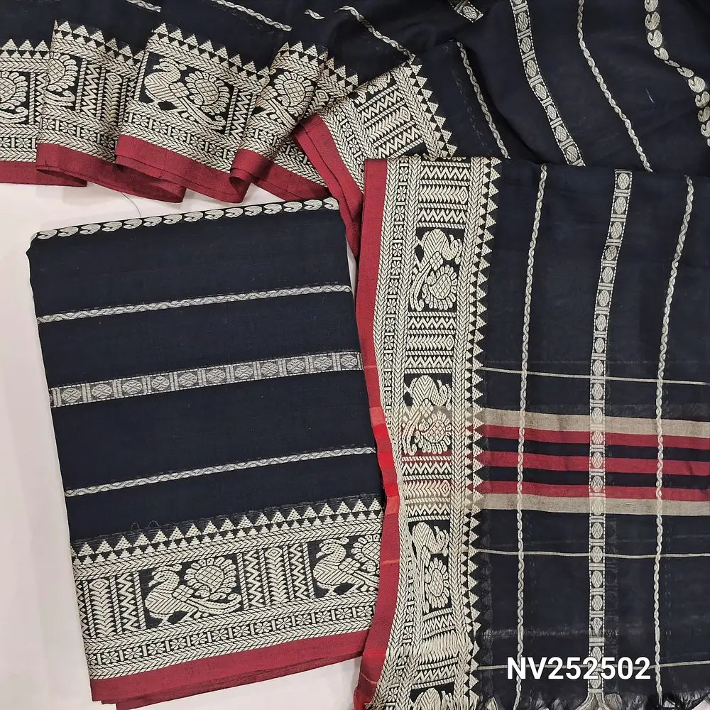 Black mercerised handloom cotton unstitched salwar material, thread weaving all over, double side borders (Thin, Lining Needed) Fabric Measurement : 4.5 Metres, Full length dupatta. Note : Weaving Inconsistencies are not defects. NV252502