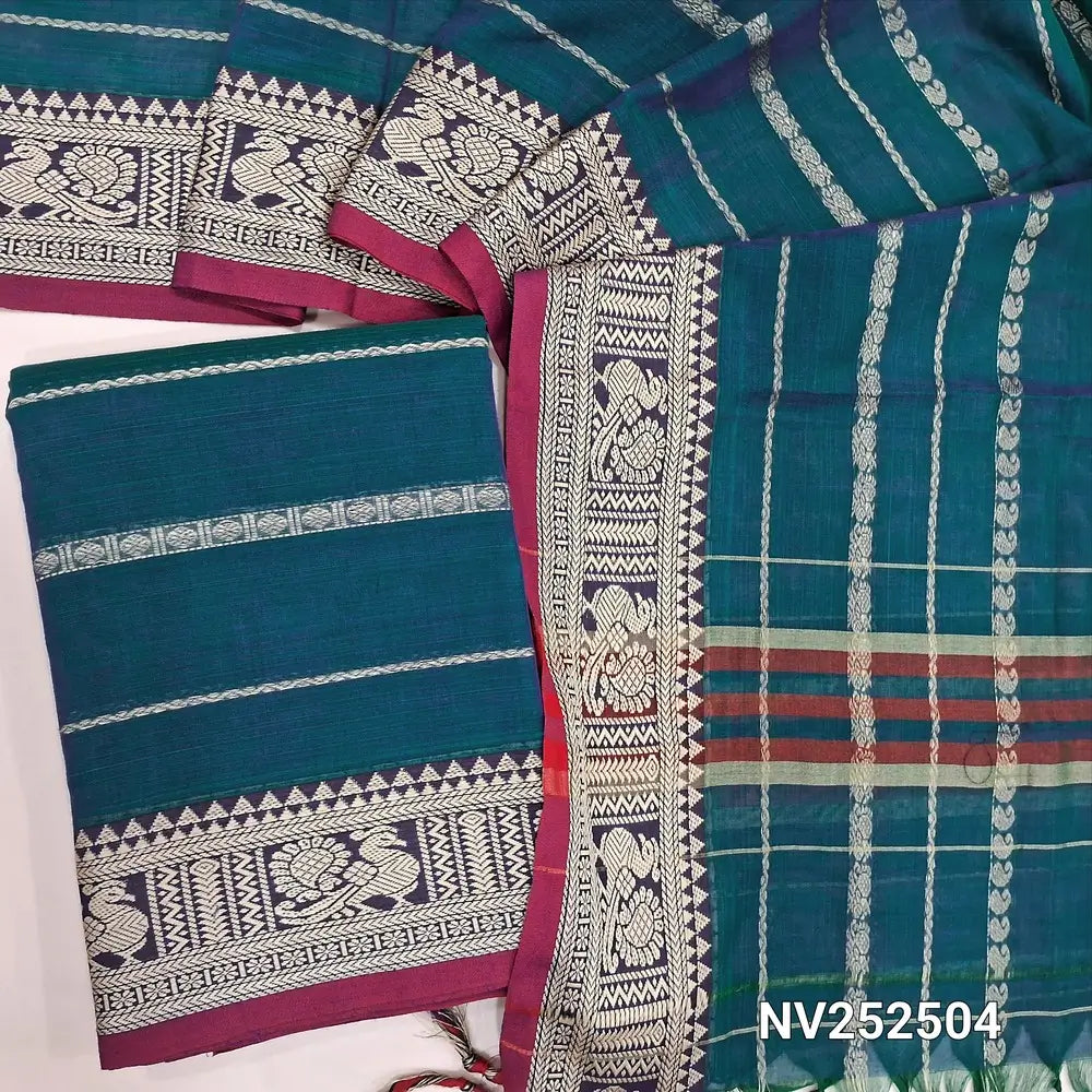 Peacock Blue mercerised handloom cotton unstitched salwar material, thread weaving all over, double side borders (Thin, Lining Needed) Fabric Measurement : 4.5 Metres, Full length dupatta. Note : Weaving Inconsistencies are not defects. NV252504