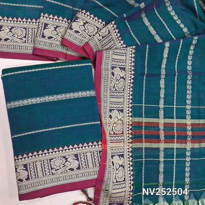 Peacock Blue mercerised handloom cotton unstitched salwar material, thread weaving all over, double side borders (Thin, Lining Needed) Fabric Measurement : 4.5 Metres, Full length dupatta. Note : Weaving Inconsistencies are not defects. NV252504