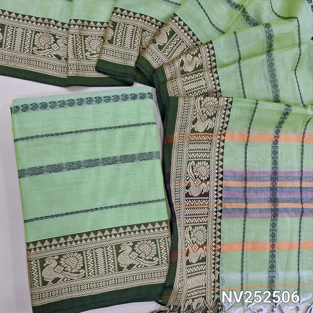 Pastel Green mercerised handloom cotton unstitched salwar material, thread weaving all over, double side borders (Thin, Lining Needed) Fabric Measurement : 4.5 Metres, Full length dupatta. Note : Weaving Inconsistencies are not defects. NV252506
