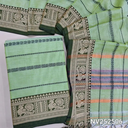 Pastel Green mercerised handloom cotton unstitched salwar material, thread weaving all over, double side borders (Thin, Lining Needed) Fabric Measurement : 4.5 Metres, Full length dupatta. Note : Weaving Inconsistencies are not defects. NV252506