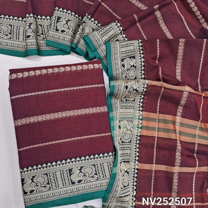Maroon mercerised handloom cotton unstitched salwar material, thread weaving all over, double side borders (Thin, Lining Needed) Fabric Measurement : 4.5 Metres, Full length dupatta. Note : Weaving Inconsistencies are not defects. NV252507