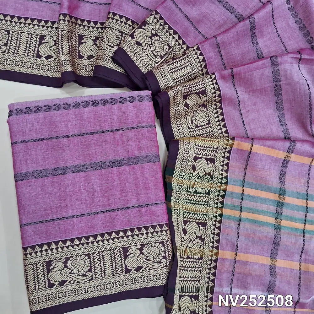 Lotus Pink mercerised handloom cotton unstitched salwar material, thread weaving all over, double side borders (Thin, Lining Needed) Fabric Measurement : 4.5 Metres, Full length dupatta. Note : Weaving Inconsistencies are not defects. NV252508