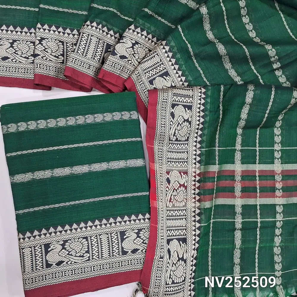 Bottle Green mercerised handloom cotton unstitched salwar material, thread weaving all over, double side borders (Thin, Lining Needed) Fabric Measurement : 4.5 Metres, Full length dupatta. Note : Weaving Inconsistencies are not defects. NV252509
