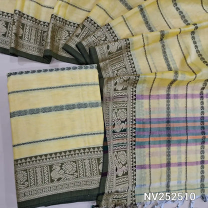 Butter Yellow mercerised handloom cotton unstitched salwar material, thread weaving all over, double side borders (Thin, Lining Needed) Fabric Measurement : 4.5 Metres, Full length dupatta. Note : Weaving Inconsistencies are not defects. NV252510