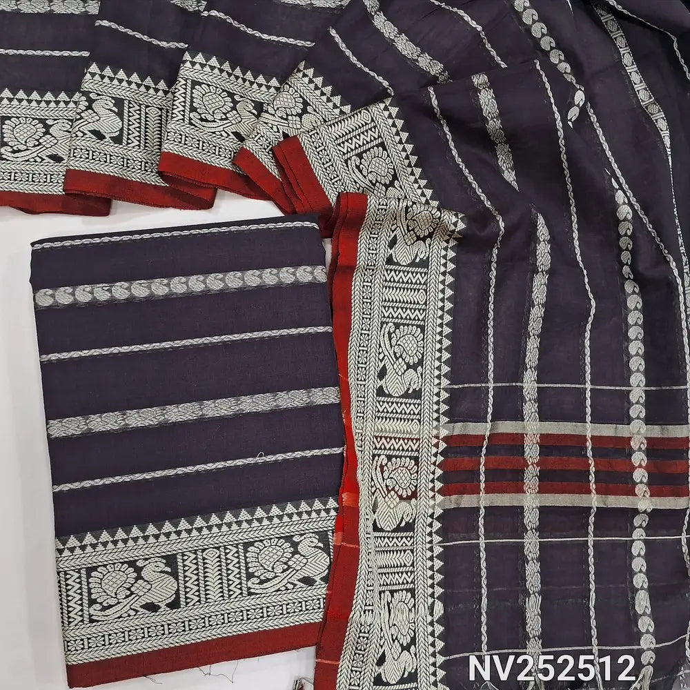 Dark brown mercerised handloom cotton unstitched salwar material, thread weaving all over, double side borders (Thin, Lining Needed) Fabric Measurement : 4.5 Metres, Full length dupatta. Note : Weaving Inconsistencies are not defects. NV252512
