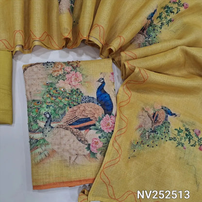 Designer pastel yellow with golden tint tissue linen unstitched salwar material, digital prints highlighted with hand embroidery work (Textured, Lining Needed) Matching Santoon Bottom, Digital printed dupatta with embroidery with borders. NV252513