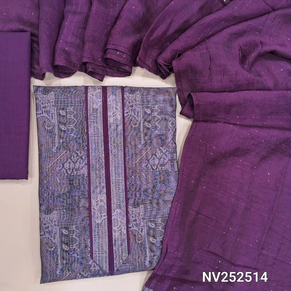 Purple digital printed fancy silk cotton unstitched salwar material, zari lines and piping on yoke (Lightweight, Lining Needed) Dark Purple Cotton Bottom, Fancy Silk Cotton Short Width Dupatta With Sequins Work. NV252514