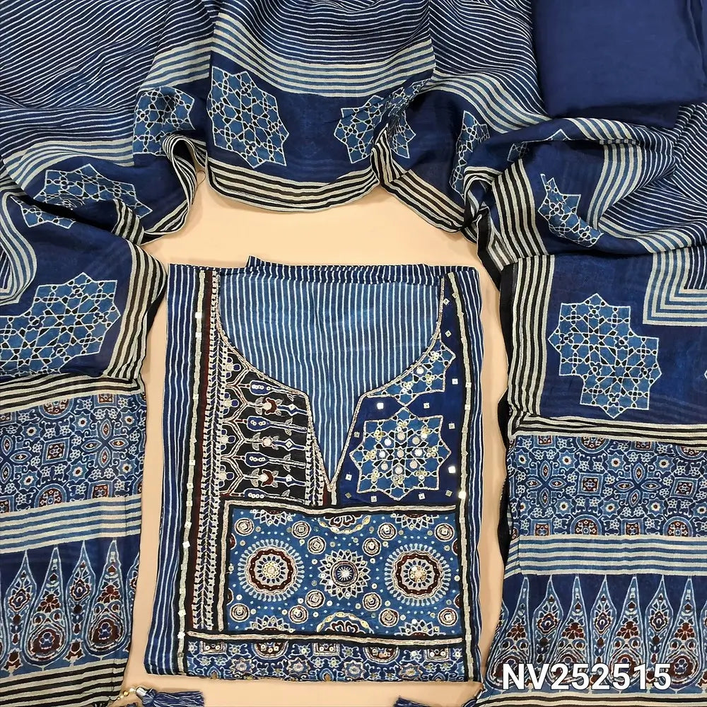 Indigo blue pure muslin silk printed unstitched salwar material, ajrak printed yoke patch with sequins work (Shiny, silky, Lining Needed) Matching Santoon Bottom, Pure crepe silk short width printed dupatta. NV252515