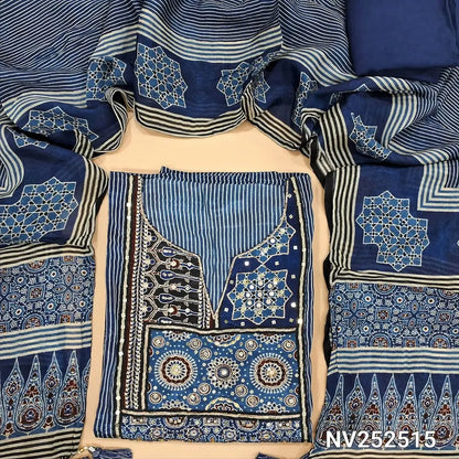 Indigo blue pure muslin silk printed unstitched salwar material, ajrak printed yoke patch with sequins work (Shiny, silky, Lining Needed) Matching Santoon Bottom, Pure crepe silk short width printed dupatta. NV252515