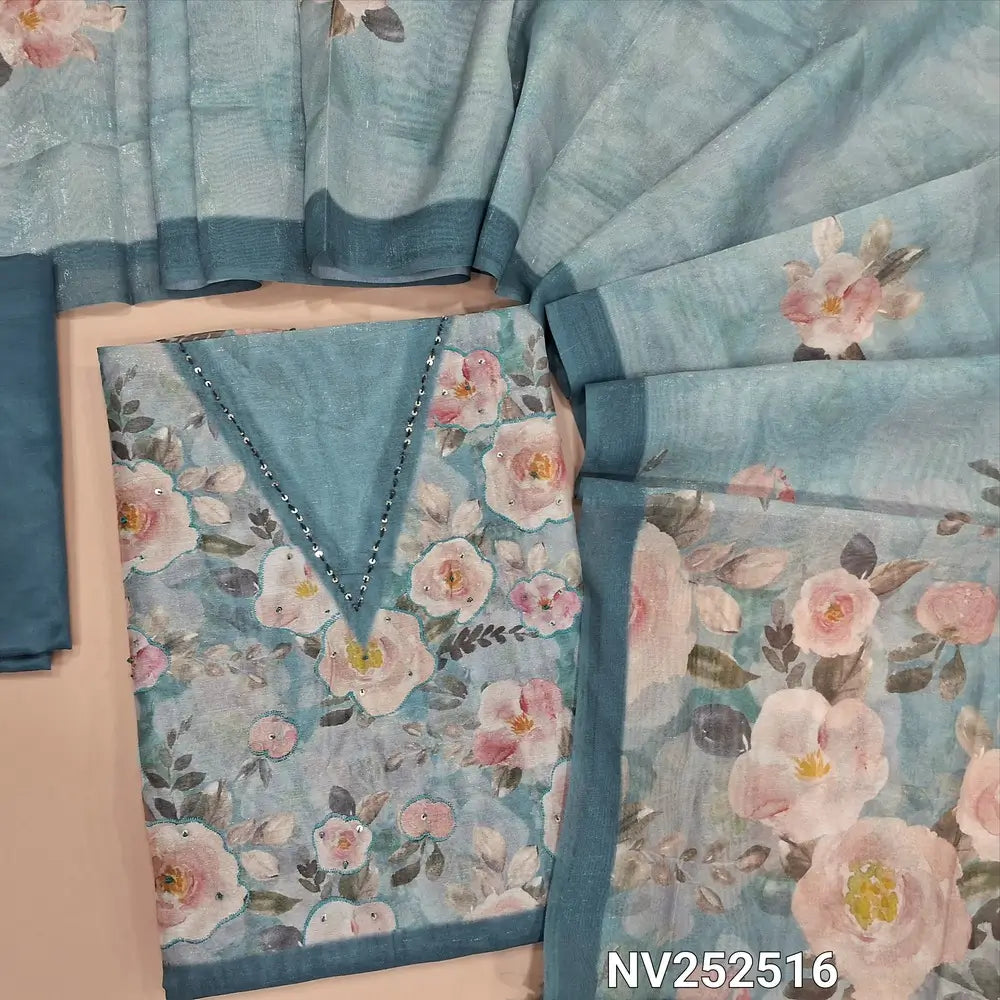 Pastel Blue shimmer silk cotton unstitched salwar material, printed yoke, V Neckline (Soft, Lining Needed) Matching Silky Bottom, Shimmer silk cotton printed dupatta. NV252516