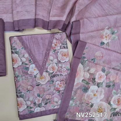 Mauve shimmer silk cotton unstitched salwar material, printed yoke, V Neckline (Soft, Lining Needed) Matching Silky Bottom, Shimmer silk cotton printed dupatta. NV252517