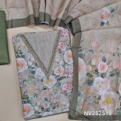 Pastel Green shimmer silk cotton unstitched salwar material, printed yoke, V Neckline (Soft, Lining Needed) Matching Silky Bottom, Shimmer silk cotton printed dupatta. NV252518