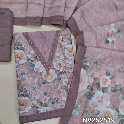 Onion Pink shimmer silk cotton unstitched salwar material, printed yoke, V Neckline (Soft, Lining Needed) Matching Silky Bottom, Shimmer silk cotton printed dupatta. NV252519