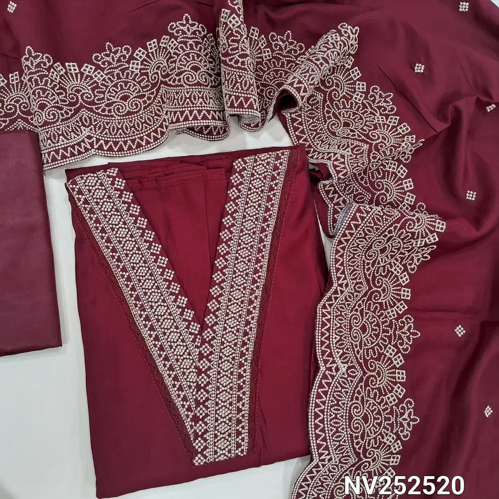 Maroon fancy silk cotton unstitched salwar material, V Neckline with zari detailing (Soft, Silky, Lining Needed) Matching Silky Bottom, Embroidered dupatta with scallop edges. NV252520