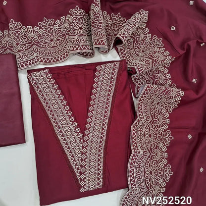 Maroon fancy silk cotton unstitched salwar material, V Neckline with zari detailing (Soft, Silky, Lining Needed) Matching Silky Bottom, Embroidered dupatta with scallop edges. NV252520