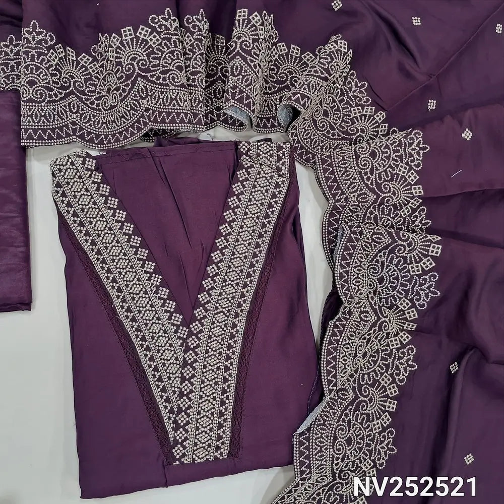 Purple fancy silk cotton unstitched salwar material, V Neckline with zari detailing (Soft, Silky, Lining Needed) Matching Silky Bottom, Embroidered dupatta with scallop edges. NV252521