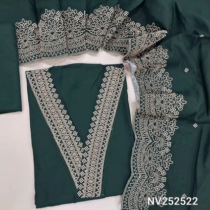 Bottle Green fancy silk cotton unstitched salwar material, V Neckline with zari detailing (Soft, Silky, Lining Needed) Matching Silky Bottom, Embroidered dupatta with scallop edges. NV252522