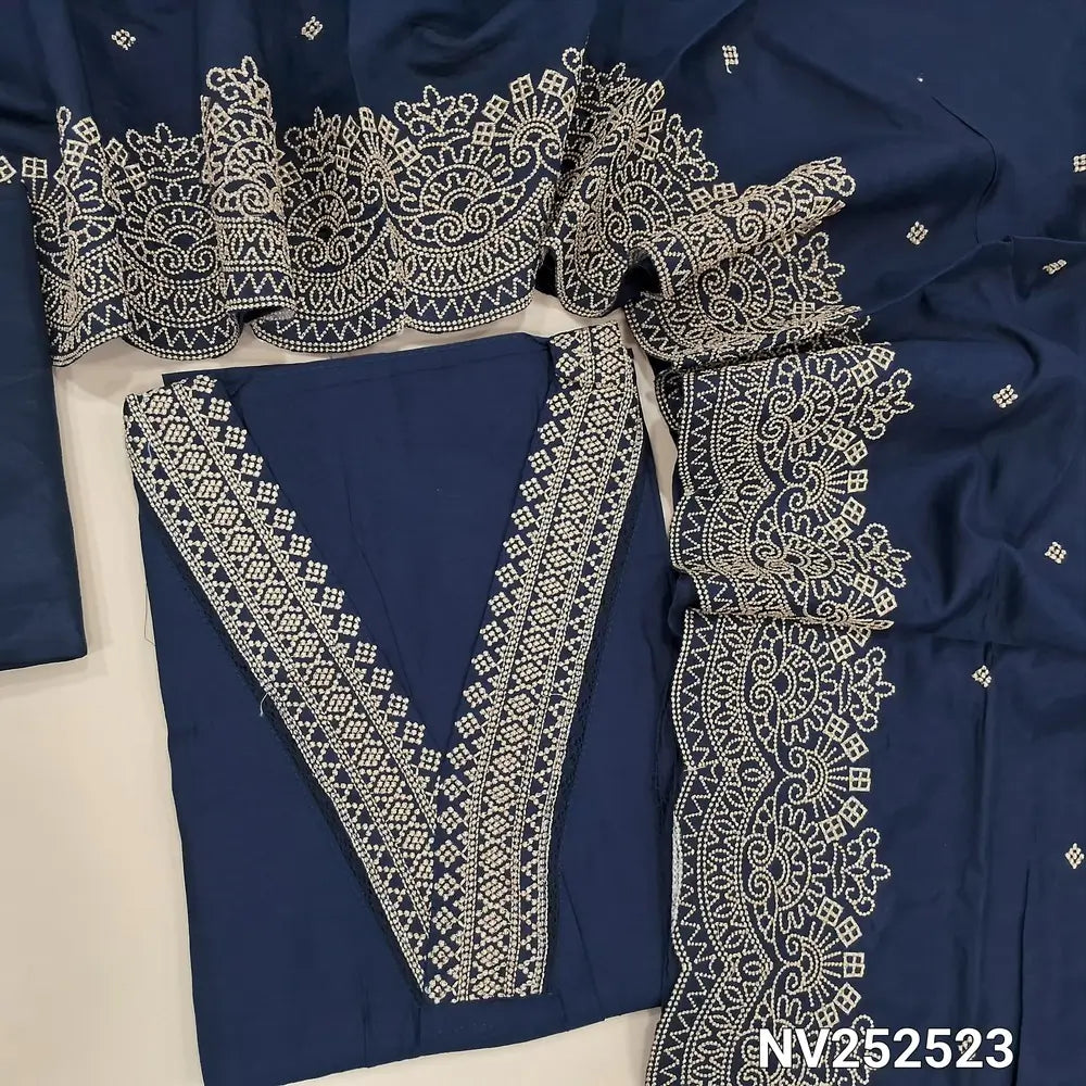 Dark Blue fancy silk cotton unstitched salwar material, V Neckline with zari detailing (Soft, Silky, Lining Needed) Matching Silky Bottom, Embroidered dupatta with scallop edges. NV252523
