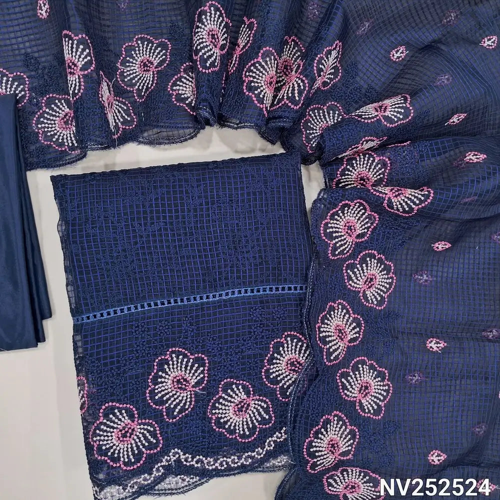 Dark Blue fancy kota organza unstitched salwar material, rich embroidery all over, rich daman and yoke (thin, Lining Needed) Matching Silky Bottom, Embroidered kota organza dupatta with scallop detailing. NV252524