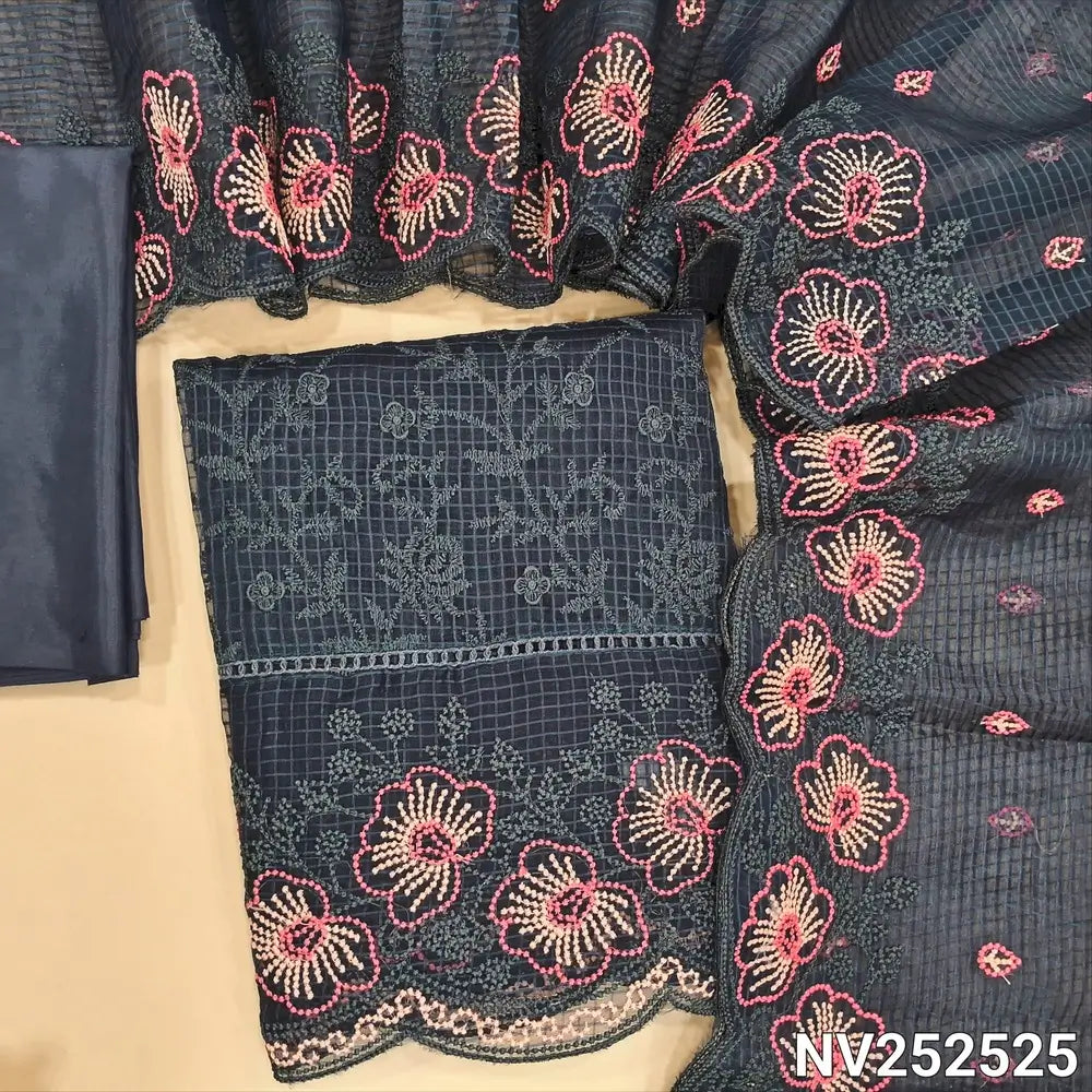 Dark Grey fancy kota organza unstitched salwar material, rich embroidery all over, rich daman and yoke (thin, Lining Needed) Matching Silky Bottom, Embroidered kota organza dupatta with scallop detailing. NV252525