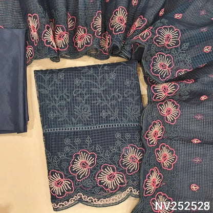 Blueish Grey fancy kota organza unstitched salwar material, rich embroidery all over, rich daman and yoke (thin, Lining Needed) Matching Silky Bottom, Embroidered kota organza dupatta with scallop detailing. NV252528