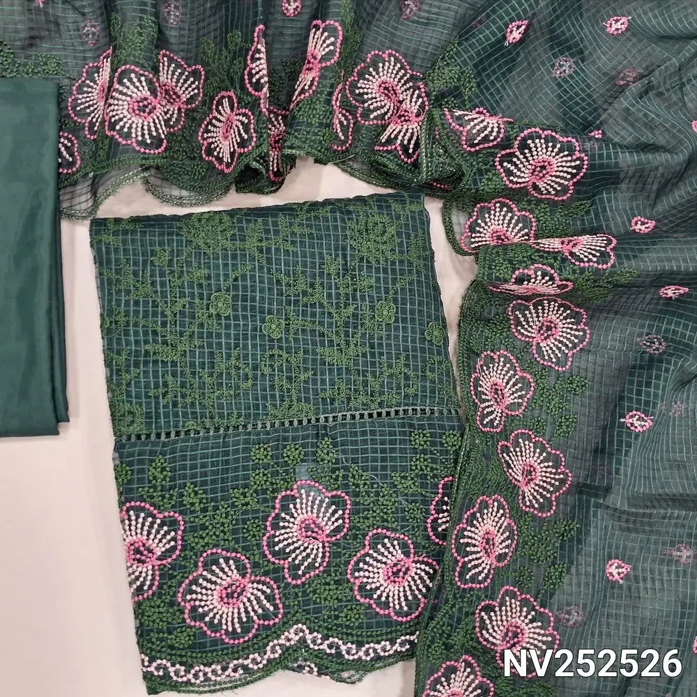 Green fancy kota organza unstitched salwar material, rich embroidery all over, rich daman and yoke (thin, Lining Needed) Matching Silky Bottom, Embroidered kota organza dupatta with scallop detailing. NV252526
