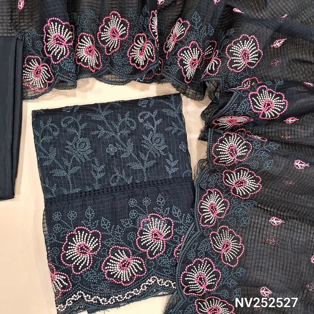 Black fancy kota organza unstitched salwar material, rich embroidery all over, rich daman and yoke (thin, Lining Needed) Matching Silky Bottom, Embroidered kota organza dupatta with scallop detailing. NV252527