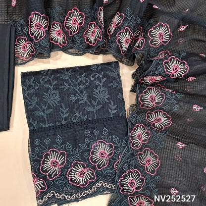 Black fancy kota organza unstitched salwar material, rich embroidery all over, rich daman and yoke (thin, Lining Needed) Matching Silky Bottom, Embroidered kota organza dupatta with scallop detailing. NV252527