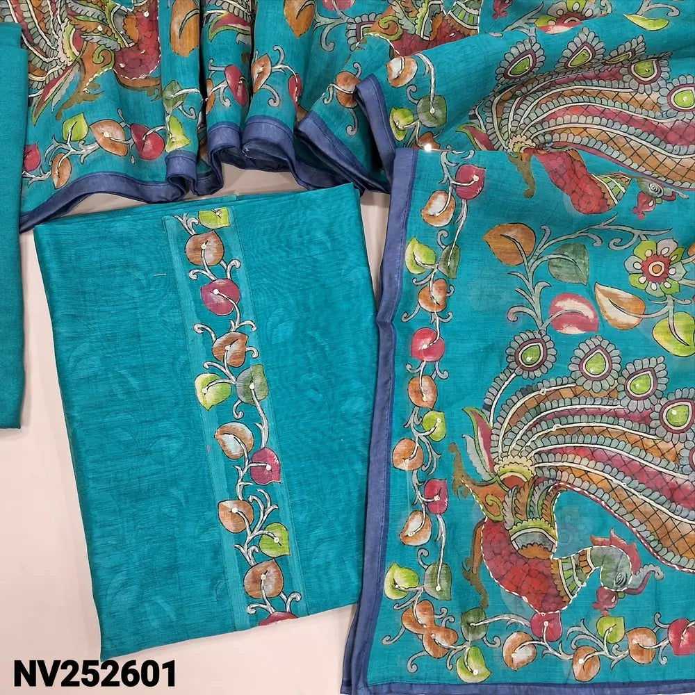 PREORDER SHIPPING AFTER 12 DAYS ONLY Light Blue digital fancy silk cotton unstitched salwar material kalamkari, kantha stitch work on yoke,  (Lining Needed) matching santoon bottom, kalamkari, kantha stitch work on fancy silk cotton dupatta. NV252601