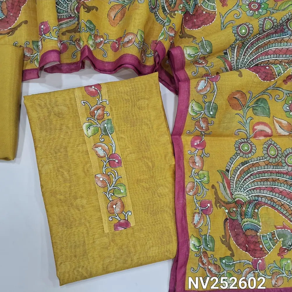 PREORDER SHIPPING AFTER 12 DAYS ONLY Mehandhi yellow digital fancy silk cotton unstitched salwar material kalamkari, kantha stitch work on yoke (Lining Needed) matching santoon bottom, kalamkari print work on fancy silk cotton dupatta. NV252602