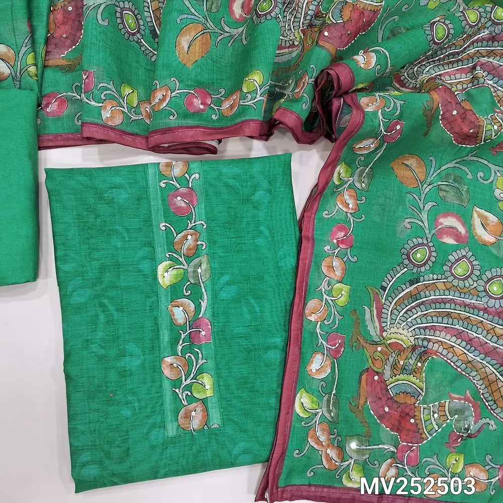 PREORDER SHIPPING AFTER 12 DAYS ONLY Turquoise green digital fancy silk cotton unstitched salwar material kalamkari, kantha stitch work on yoke(Lining Needed) matching santoon bottom, kalamkari, kantha stitch work on fancy silk cotton dupatta. NV252603