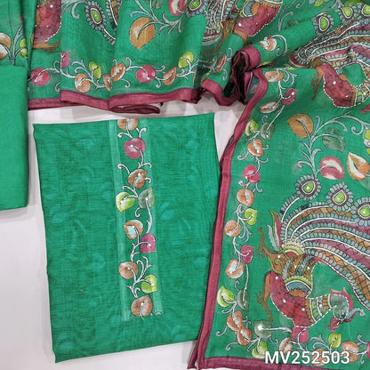 PREORDER SHIPPING AFTER 12 DAYS ONLY Turquoise green digital fancy silk cotton unstitched salwar material kalamkari, kantha stitch work on yoke(Lining Needed) matching santoon bottom, kalamkari, kantha stitch work on fancy silk cotton dupatta. NV252603