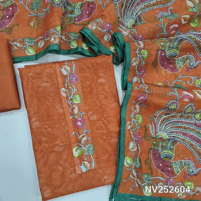 PREORDER SHIPPING AFTER 12 DAYS ONLY Orange digital fancy silk cotton unstitched salwar material kalamkari, kantha stitch work on yoke(Lining Needed) matching santoon bottom, kalamkari, kantha stitch work on fancy silk cotton dupatta. NV252604