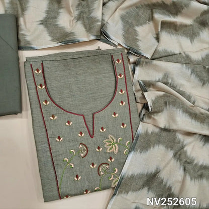 Greyish beige fancy silk cotton unstitched salwar material,pichwai embroidery work on yoke & daman, round notch neck  (Lining Needed) matching cotton bottom, ikat printed silk cotton dupatta. NV252605