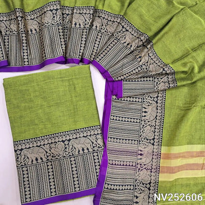 Light mossy green mercerised handloom cotton unstitched salwar material, double side borders (Thin, Lining Needed) Fabric Measurement : 4.5 Meters, Full length dupatta. Note : Weaving Inconsistencies are not defects. NV252606