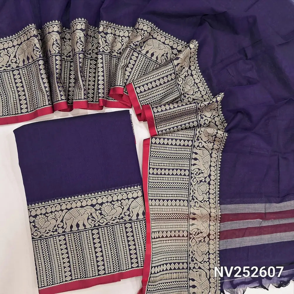 Dark purple mercerised handloom cotton unstitched salwar material, double side borders (Thin, Lining Needed) Fabric Measurement : 4.5 Meters, Full length dupatta. Note : Weaving Inconsistencies are not defects. NV252607