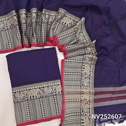 Dark purple mercerised handloom cotton unstitched salwar material, double side borders (Thin, Lining Needed) Fabric Measurement : 4.5 Meters, Full length dupatta. Note : Weaving Inconsistencies are not defects. NV252607